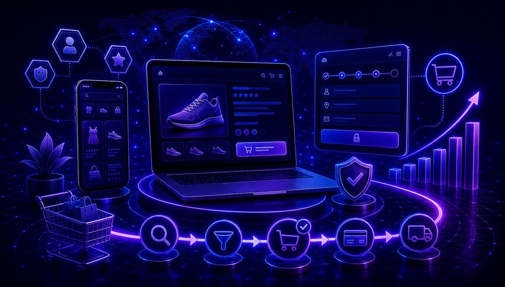 Ecommerce user experience design with product pages conversion optimization and customer journey visuals