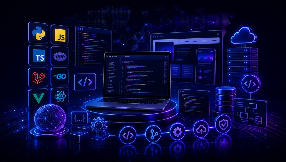 Programming languages for web development with coding interface and full stack technology visuals