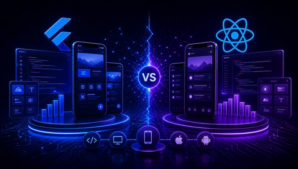 Mobile app development comparison showing Flutter and React Native style interface visuals