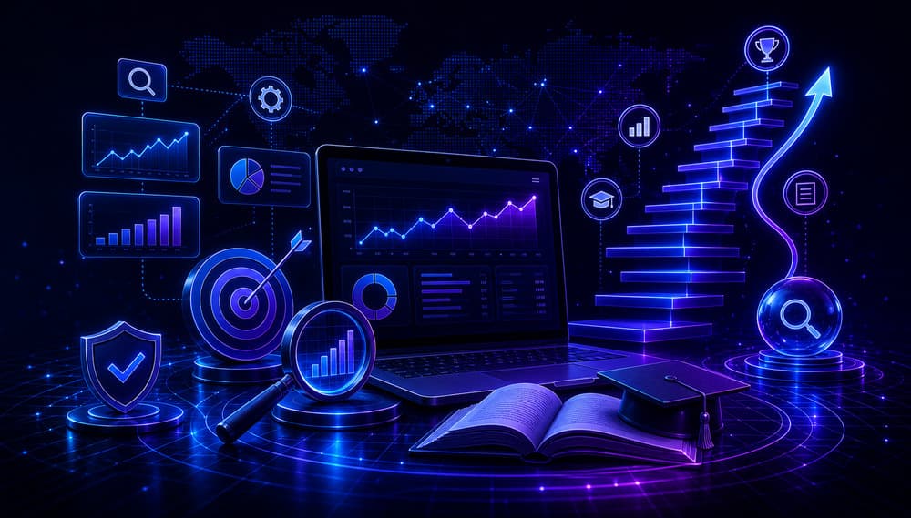 SEO strategy dashboard showing ranking growth search insights and continuous learning tools