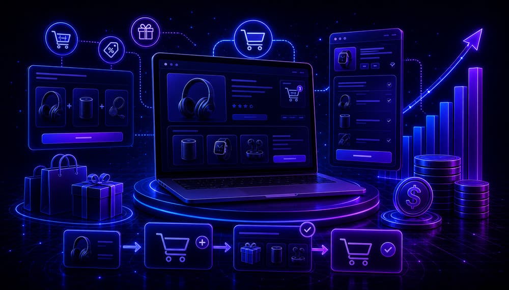 Upsell and cross sell ecommerce concept with bundle offers checkout suggestions and higher order value