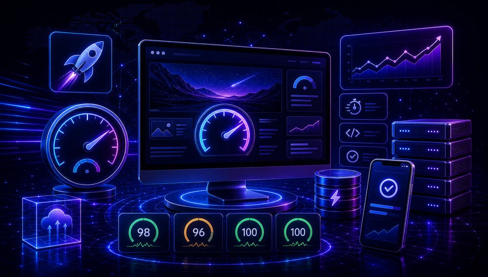 Website performance visual with loading speed analytics optimization tools and Core Web Vitals style metrics