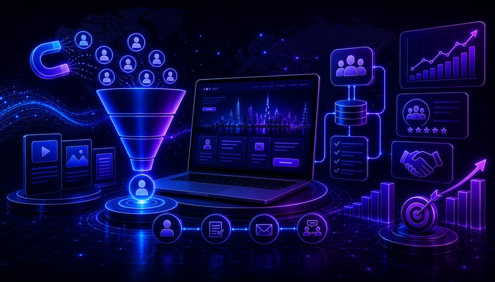 Inbound marketing concept with website lead capture content strategy and customer conversion flow