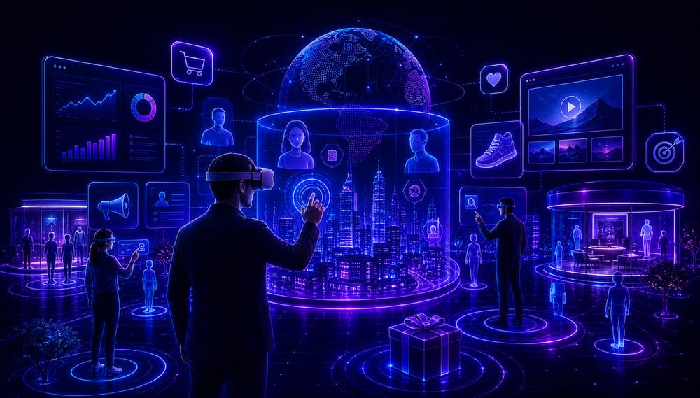 Metaverse digital marketing visual with virtual world interaction and futuristic brand campaigns